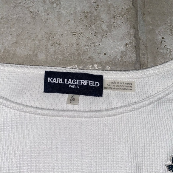 Karl Lagerfeld Paris Size Small Grey Waffle Knit 3/4 Puff Sleeve Pin Accent Top - Picture 6 of 8